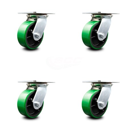5 Inch Heavy Duty Green Poly On Cast Iron Caster Set With Roller Bearings, 4PK